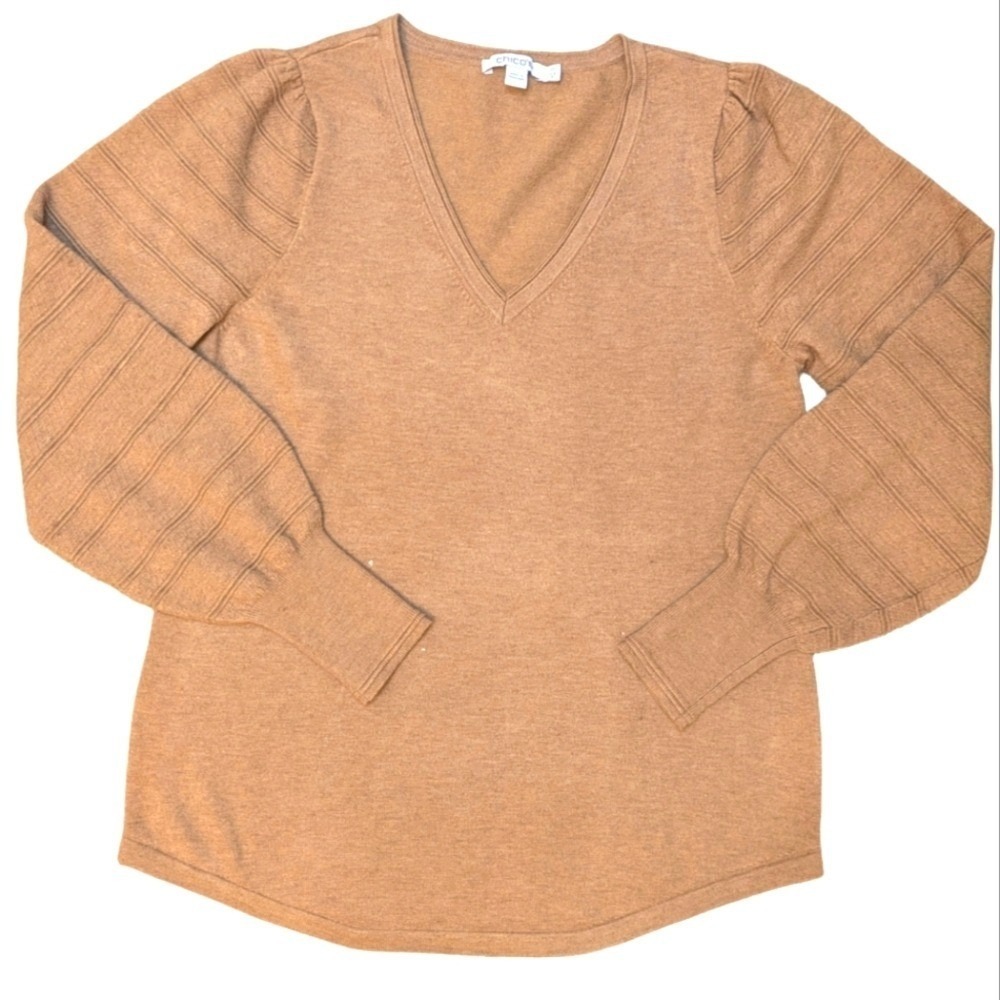 Chico's V-neck Tan Sweater Small Puff Sleeve Old Money Capsule Staple Camel